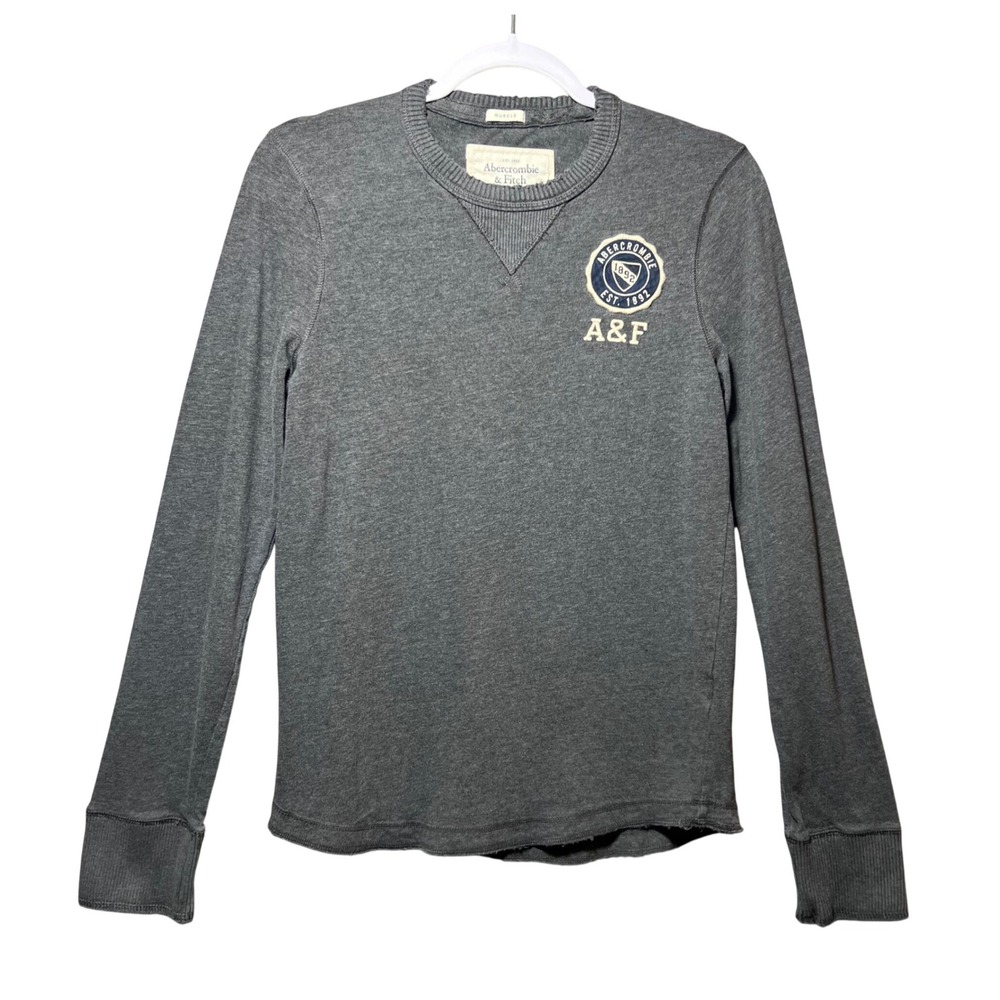 Y2K Abercrombie & Fitch Muscle Fit Long Sleeve Shirt Gray Distressed Crew Neck